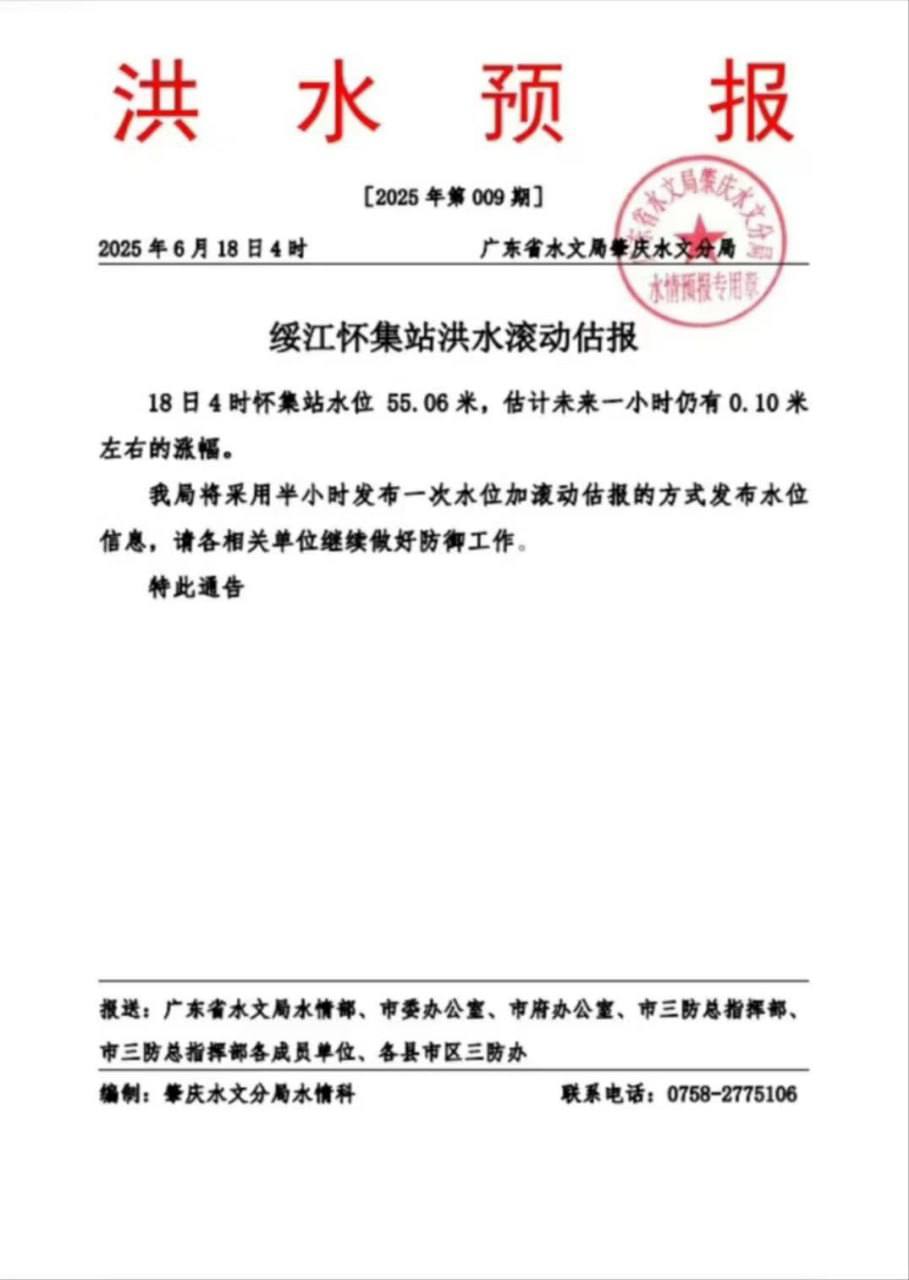 6月18日7时，绥江怀集站（肇庆市怀集县怀城街道）出现55.22米的洪峰水位，超警5.22米（警戒水位50.0米），超百年一遇。据初步统计，截至6月18日7时，本轮台风强降水灾害共造成怀集全县19个乡镇受灾，受灾人口18.3万人，紧急转移避险6.8万人，堤防受损约7.84千米，  公路受损8.98千米，农作物受灾898.51公顷，学校受损13个，医院受损3个，目前直接经济损失约4125.71万元。.jpg
